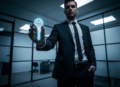 Executive presenting glowing digital key, secure access solution - Powered by Adobe