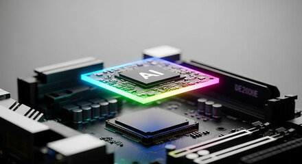 Artificial intelligence (ai) chip glowing vibrantly on a detailed circuit board, symbolizing advanced computing future.