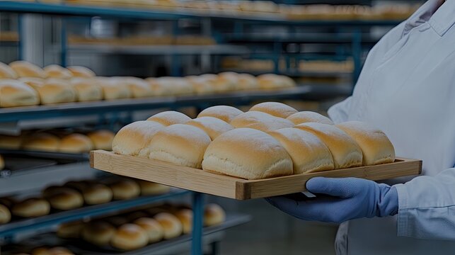 Worker holds a tray filled with golden baguettes, surrounded by shelves of assorted bread and pastries, lit by natural daylight - Powered by Adobe