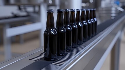 Beer bottles move along a conveyor belt in a glass bottle factory, showcasing a streamlined production process and options for custom design