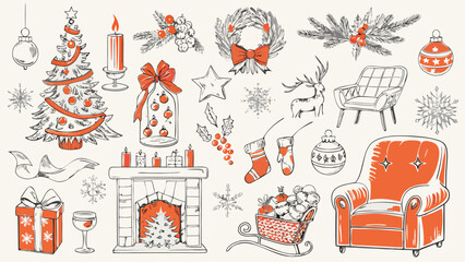 A christmas themed sketch with tree ornaments fireplace and chairs in a cozy festive arrangement