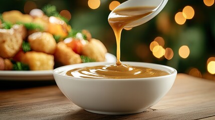 Traditional apple and pumpkin gravy in a ceramic bowl, paired with turnip meg and Woodruff cakes on a dinner table