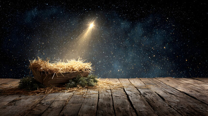 Symbolic nativity scene under a starry night sky illuminated by a guiding star