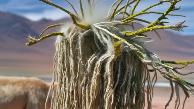 Close-up of Yareta plant with fibrous texture and green branches in the Atacama Desert