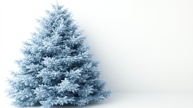 A beautifully frosted light blue Christmas tree decorates a simple white space, evoking a winter wonderland atmosphere perfect for festivities