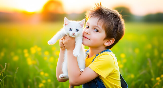 Smiling young boy tenderly holds his adorable white kitten, their pure bond radiating happiness in a sunlit meadow, beautifully captured during a golden hour sunset