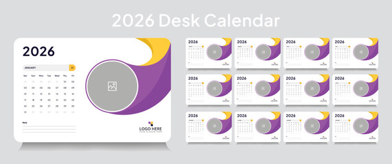 New year desk calendar 2026 template, corporate desk calendar schedule 2026 monthly 12-page planner layout, editable vector eps 10 file format	