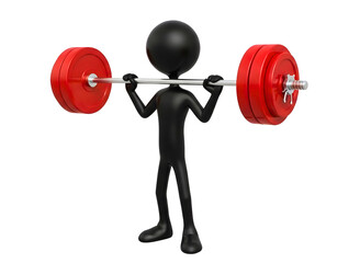 Black 3d stick figure weightlifting red barbell workout. isolated on transparent background