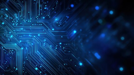 Abstract blue glowing circuit board background with dark bokeh effect.