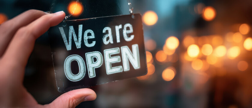Hand adjusting “We Are Open” sign on glass door with bokeh lights