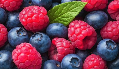 Close up of fresh blueberries and raspberries on a background for healthy eating 
and summer fruit concepts.
