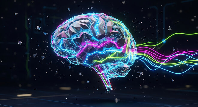 Artificial intelligence digital brain network with glowing lines symbolizing thought, data processing, and future technology