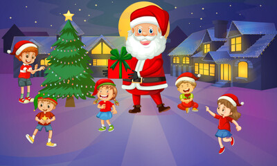 Santa Claus Giving Gifts to Happy Children in a Festive Christmas Village at Night
