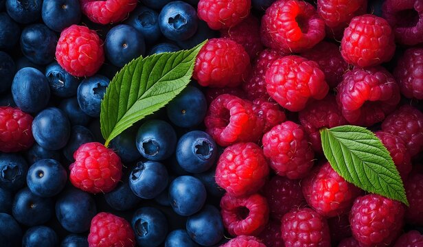 Raspberries and blueberries with leaves on the background in a top view flat lay style for healthy food product design concepts.