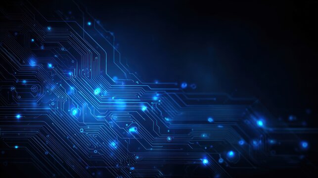 Abstract glowing blue circuit board lines on dark background - Powered by Adobe