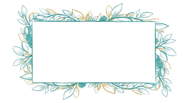 Elegant hand-drawn botanical frame with delicate teal and gold leaves, a beautiful border for invitations and text