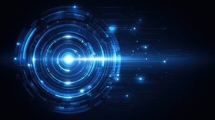 Abstract blue digital interface with glowing circular elements and data lines.