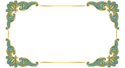 Elegant vintage rectangular frame with ornate teal and gold floral scroll corners, isolated on a white background