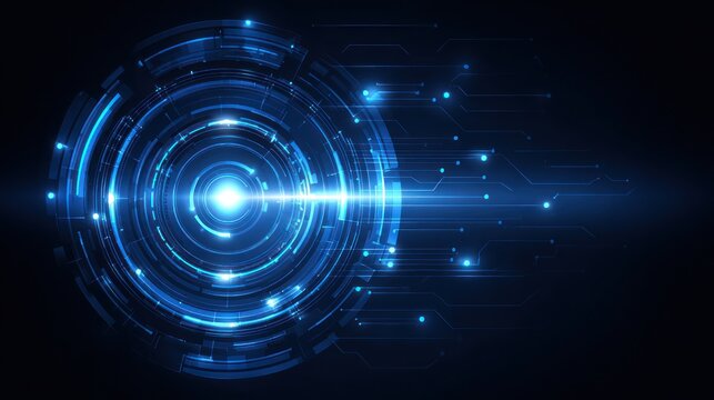 Abstract blue digital interface with glowing circular elements and data lines. - Powered by Adobe