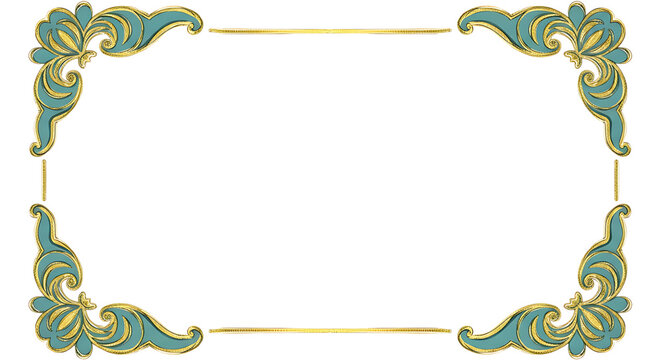 Elegant vintage rectangular frame with ornate teal and gold floral scroll corners, isolated on a white background