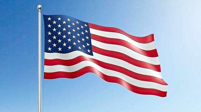 An American flag flies high on a pole, representing freedom against a backdrop of bright blue skies, evoking a sense of patriotism and pride