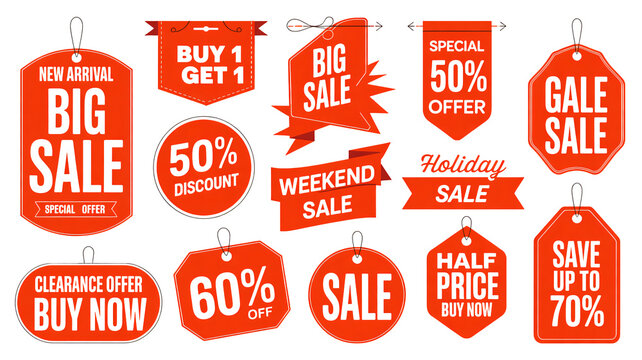 Vibrant retail sale tags for seasonal promotions and holiday marketing