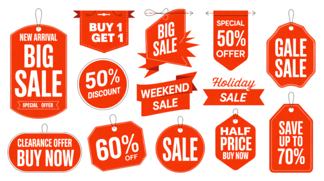 Vibrant retail sale tags for seasonal promotions and holiday marketing
