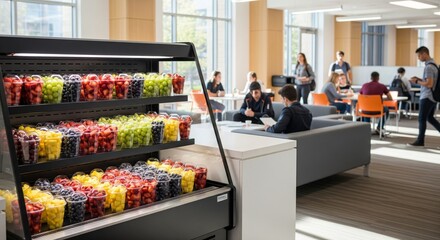 A refrigerated display case filled with various fresh fruits in a modern setting.