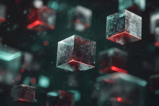 Abstract 3d floating glass cubes with red and teal neon light, futuristic blockchain data technology background