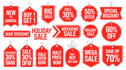 Promotional sale tags offer savings on new arrivals and holiday deals