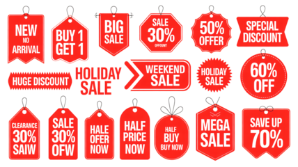 Promotional sale tags offer savings on new arrivals and holiday deals