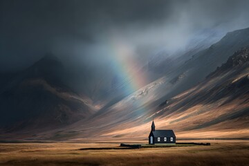 Obraz premium Dramatic Icelandic valley with black church and rainbow under stormy skies, epic landscape scenery