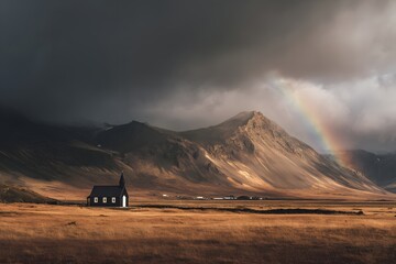 Obraz premium Stormy Icelandic mountains with rainbow shining over black church in vast golden valley