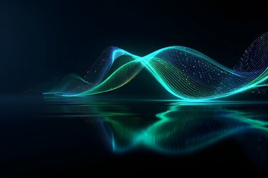 Abstract neon blue and green light wave flowing over dark reflective surface, futuristic energy background
