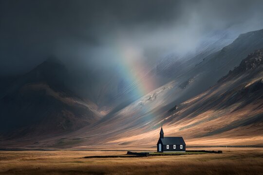 Dramatic Icelandic valley with black church and rainbow under stormy skies, epic landscape scenery