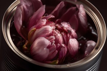 Pink flower submerged in metal container with water droplets