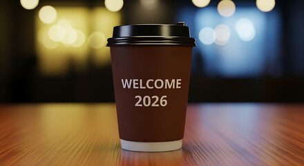 Warmly illuminated close-up of a disposable coffee cup and lid, resting on polished wood against a soft bokeh background for seasonal messaging.