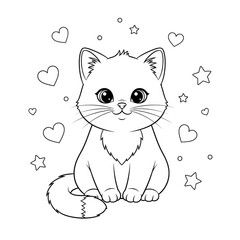 Obraz premium Black-and-white line art of a cute sitting cat with big eyes, surrounded by hearts and stars, on a white background.