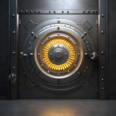 A secure vault door exudes strength and security, its intricate metallic design and illuminated core promising protection.