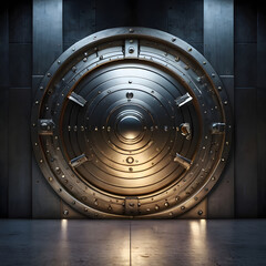 A massive, imposing vault door stands as a symbol of security, wealth and protection. The intricate details of the metalwork, rivets, and concentric circles of the door create a sense of strength.