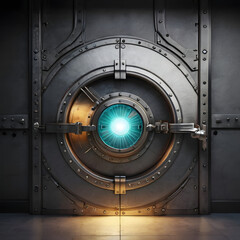 A metallic vault door with intricate design and a glowing portal, a testament to industrial innovation, security, and the allure of what lies beyond.