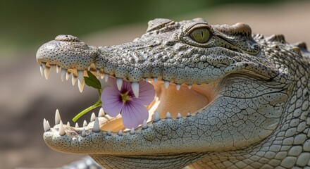 Obraz premium Close-up of a crocodile with its mouth open, holding a delicate purple flower.