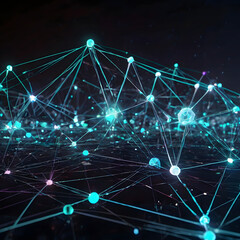 A mesmerizing, digitally-rendered network of interconnected nodes glows in shades of blue and cyan against a dark backdrop, symbolizing the complexities of modern digital connectivity. 