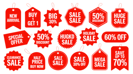 Exciting red sale tags collection offering discounts and special deals