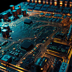 A close-up photograph showcasing the intricate details of a computer motherboard, bathed in cool and warm lighting.