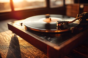 Retro vinyl record player bathed in golden sunset light with wooden base