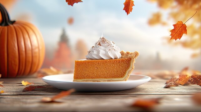 The slice of pumpkin pie on a plate is beautifully complemented by vibrant fall leaves and pumpkins, evoking a cozy autumn atmosphere - Powered by Adobe