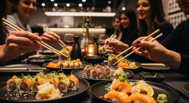 Group of people enjoying a sushi meal at a restaurant, using chopsticks. - Powered by Adobe