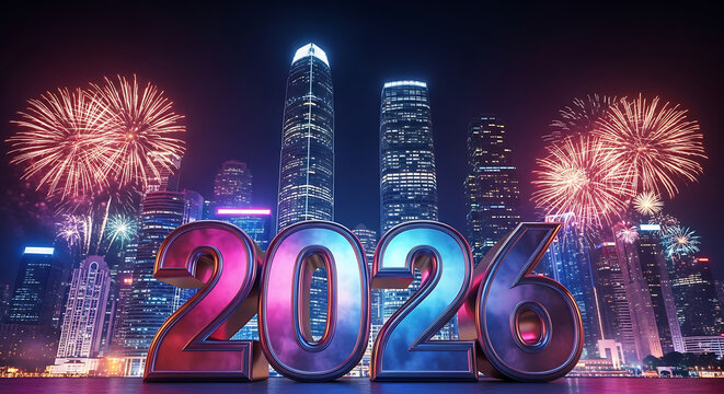 High-impact, festive image for 2026; metallic 3D numbers stand before a glittering city skyline and a brilliant New Year fireworks extravaganza.