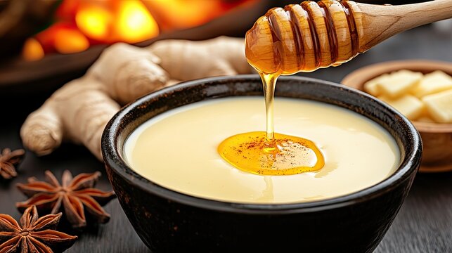 A soothing bowl of yellow soup with spices sits on a table, honey drizzles into it while bread slices and ginger peels add to the warmth